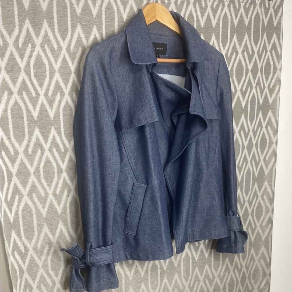 Ann Taylor Blue Jean Jacket Relaxed Fit Draped Open Waterfall Front Size: 8 - Picture 4 of 5